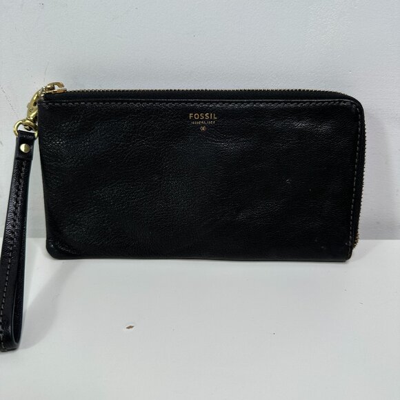 FOSSIL Wallet Wristlet Black Zip Around Clutch Leather Multicard - Picture 1 of 12
